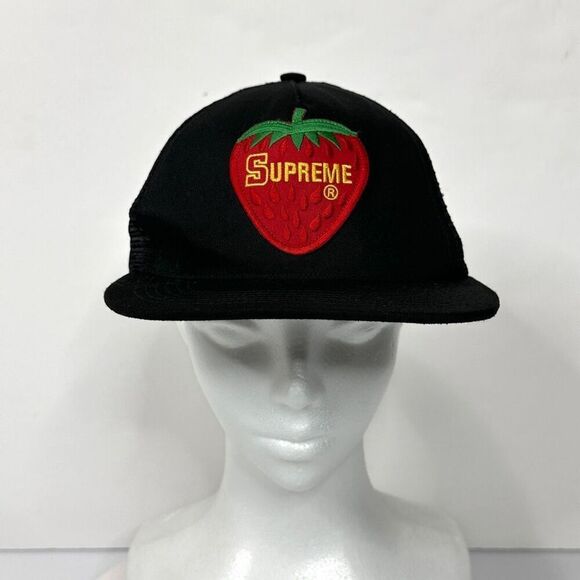 Supreme Strawberry Mesh Back 5-panel Black Cap Hat SS17 - Picture 2 of 13
